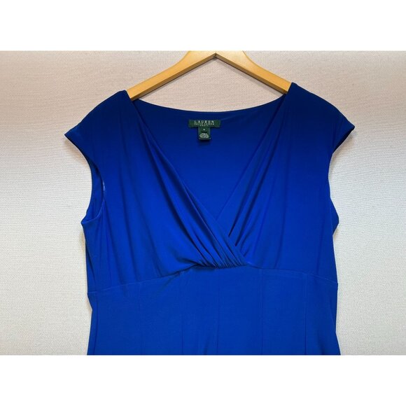 Lauren Ralph Lauren Women's Faux Wrap V Neck Dress Cap Sleeve Sz 14 Royal Blue - Picture 5 of 10